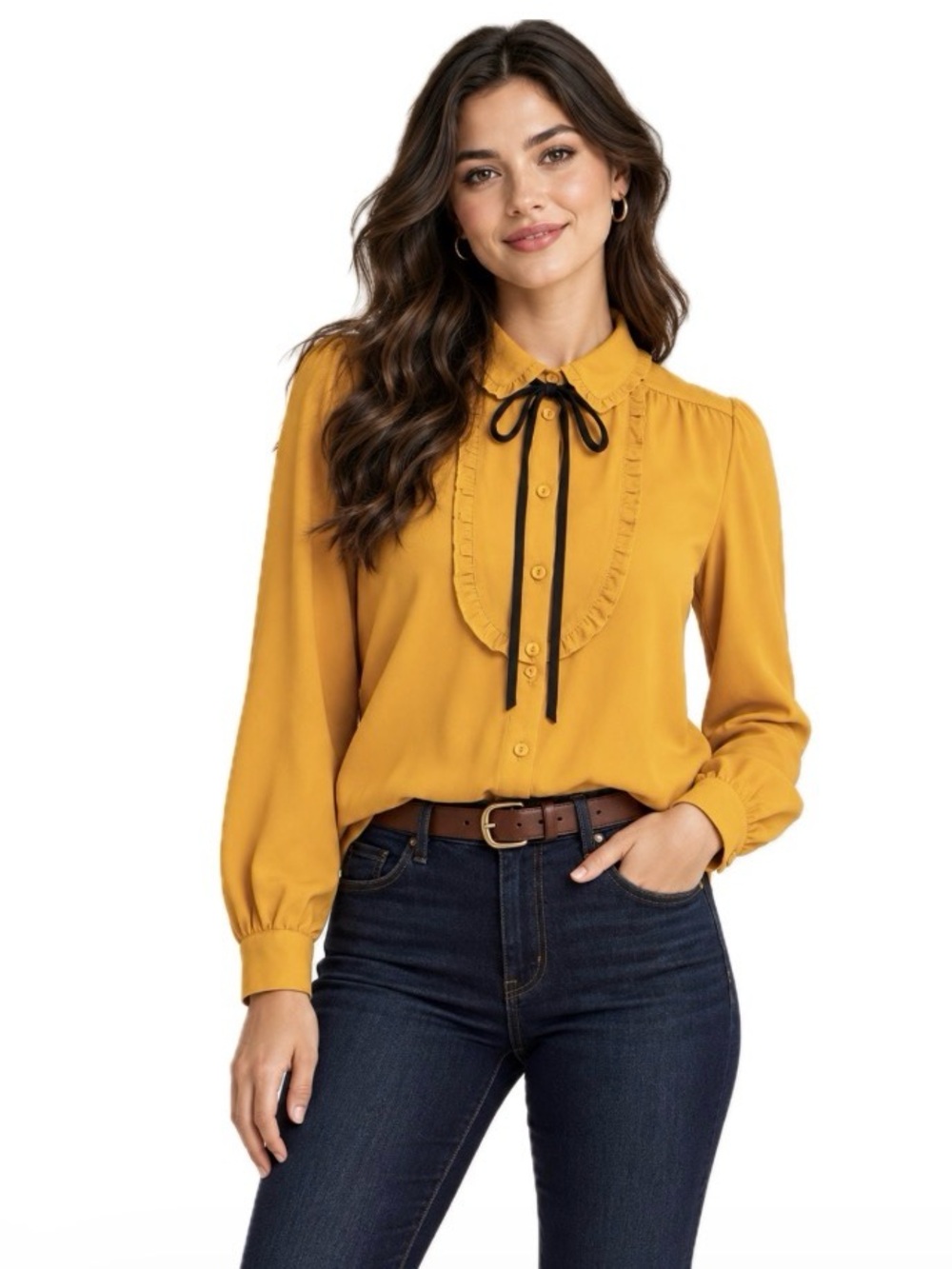 Timing, Women's mustard color blouse with ruffle detail and bow, size L